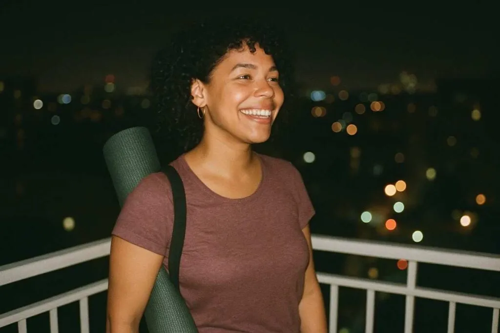 Night balcony photo with flash, 1990s grainy style, smiling woman with a yoga mat on shoulder looking at the city, low resolution and soft focus, faded coloring, dreamy vibe, open-hearted expression, inclusive mood, city lights blurred in background