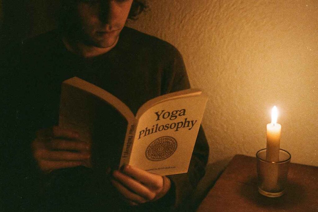 Candid 1990s flash photo in a dim corner, someone reading a yoga philosophy book beside a candle, dusty and grainy texture, warm nostalgic tones, early digital photo imperfections, peaceful solitary energy, close-up shot
