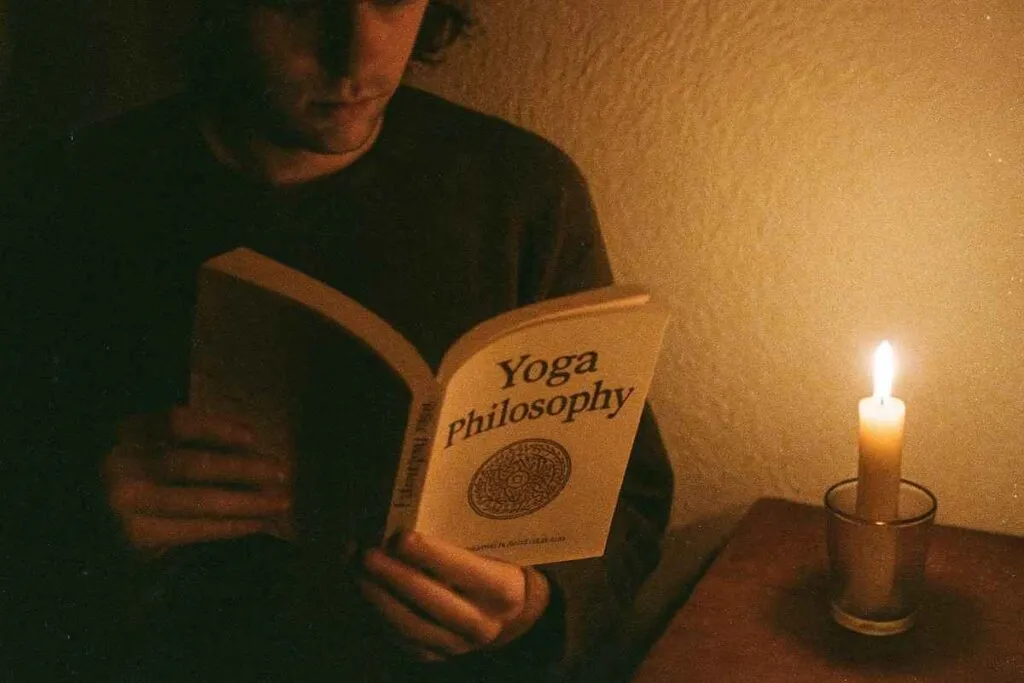 Candid 1990s flash photo in a dim corner, someone reading a yoga philosophy book beside a candle, dusty and grainy texture, warm nostalgic tones, early digital photo imperfections, peaceful solitary energy, close-up shot