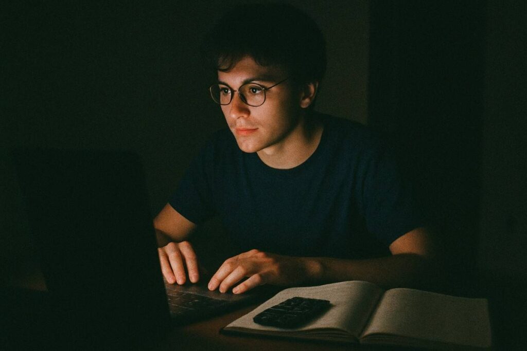 Flash photo of a young adult looking at a laptop with a calculator and open notebook at night, dark room with ambient glow, grainy digital photo feel, low saturation and slight blur, early 90s compact camera realism, determined and hopeful mood
