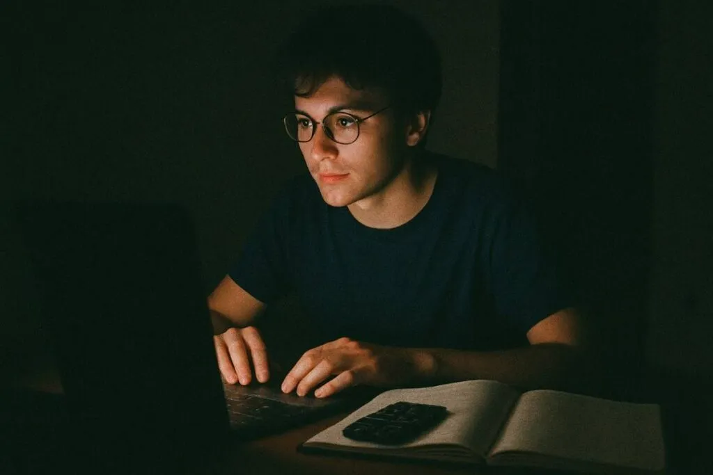 Flash photo of a young adult looking at a laptop with a calculator and open notebook at night, dark room with ambient glow, grainy digital photo feel, low saturation and slight blur, early 90s compact camera realism, determined and hopeful mood

