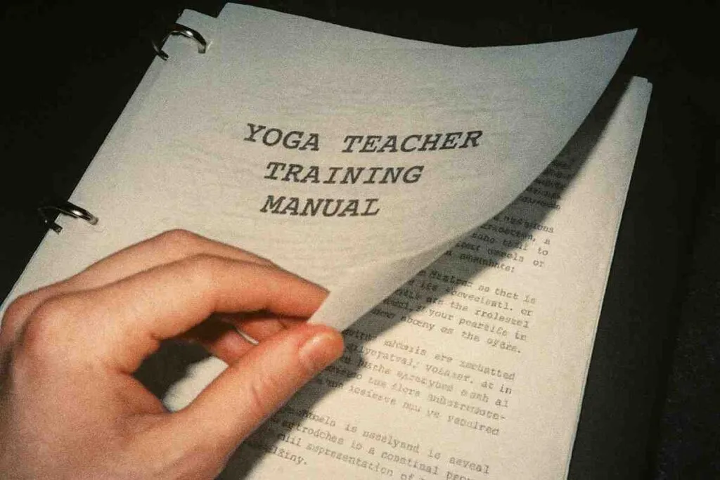 Close-up 1990s-style photo with harsh flash, someone’s hand flipping pages of a yoga teacher training manual, grainy with faded color, text barely readable, overexposed light from flash, low resolution texture, casual and real-life documentary style
