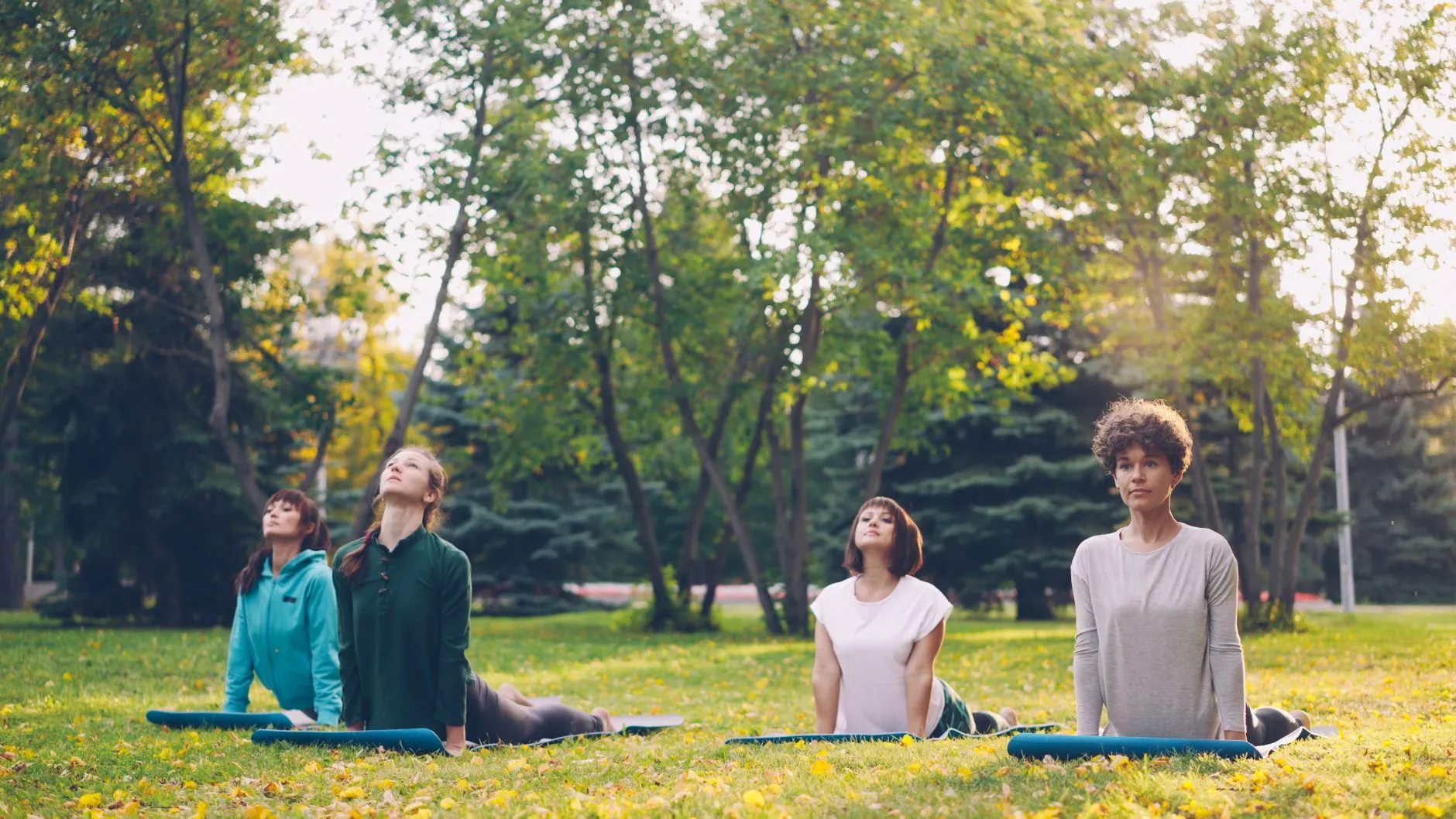 Outdoor yoga class on a lush green cliff in Bali.