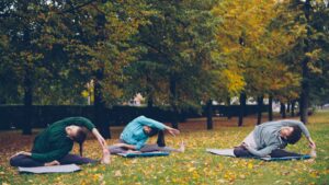 Group yoga class outdoors in tranquil setting