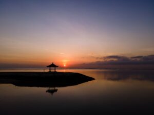Serene view of yoga retreat at sunrise in Bali