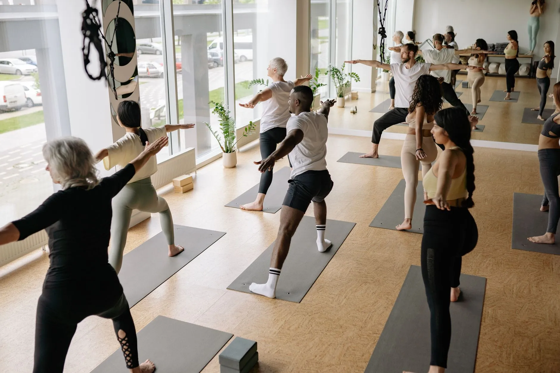 Group Yoga Class Group of students participating in a yoga class.